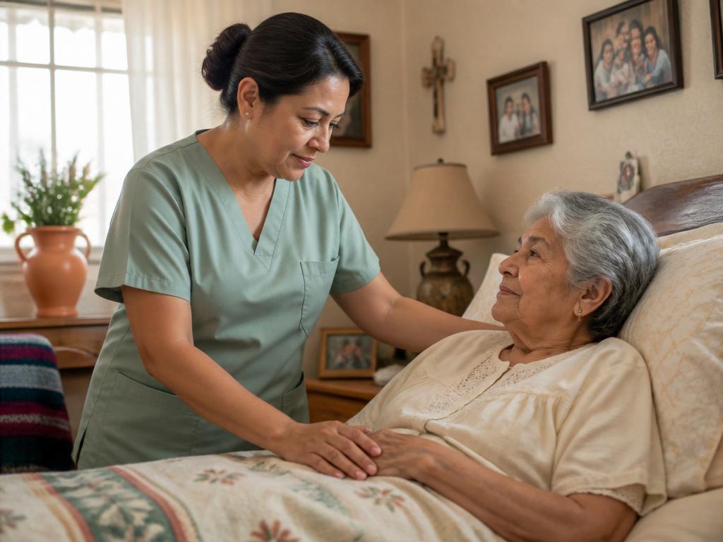 Compassionate hospice nurse comforting a Mexican patient at home in Laredo